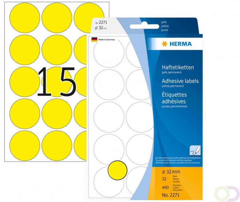 Herma Multipurpose-etiketten Ã 32 mm rond geel permanent hechtend om met de hand t